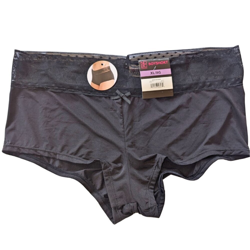 XL X-LARG BLACK BOYSHORT PANTIES LACE PRINT NO BIND BAND SILKY GATHERED BACK NWT